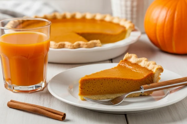 fatia de torta de abóbora caseira ao lado de copo de suco de abóbora em mesa de madeira, delícias de Harry Potter