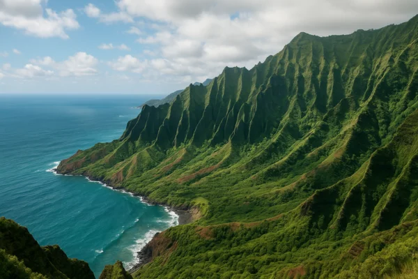 Na Pali Coast em Kauai — falésias e oceano ao entardecer