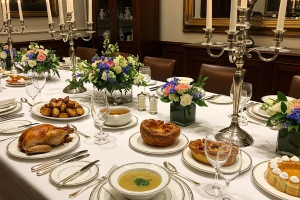 Mesa de jantar formal inspirada em Orgulho e Preconceito, com frango assado, sopa consomé, pudim de Yorkshire e Charlotte Russe, ambientada com louças e castiçais da Era da Regência.