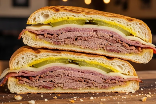 Sanduíches cubanos autênticos 'El Jefe' do filme Chef (2014), feitos em casa, sobre bancada de cozinha moderna.