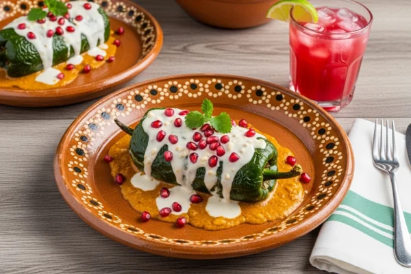 Prato de Chiles en Nogada em mesa de madeira clara, com cerâmica artesanal, acompanhado de copo com água fresca mexicana.