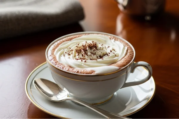 Xícara de chocolat chaud parisiense em porcelana branca sobre mesa de mármore, acompanhada de colher de prata e guardanapo de linho."
