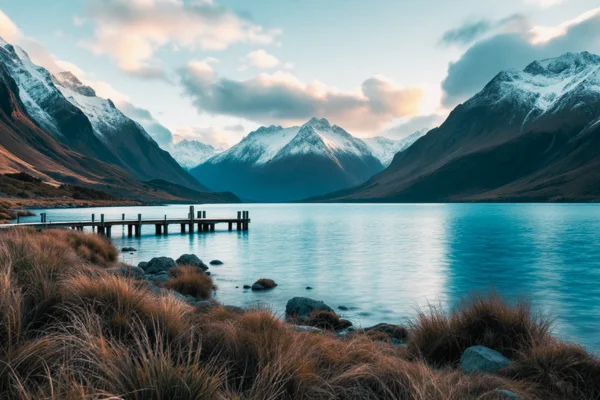 Glenorchy, Lago Wakatipu e cordilheira em Otago com luz suave e céu parcialmente nublado
