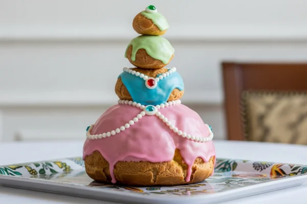 Courtesan au Chocolat caseira em formato de vestido, com carolina grande em glacê rosa, média em azul e pequena em verde, decorada com detalhes brancos que parecem joias, em bandeja elegante sobre mesa.