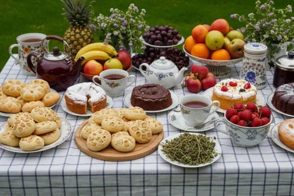 Mesa rústica com toalha xadrez, pães de lembas, frutas frescas, chás, ervas e bolos, disposta em um quintal caseiro.