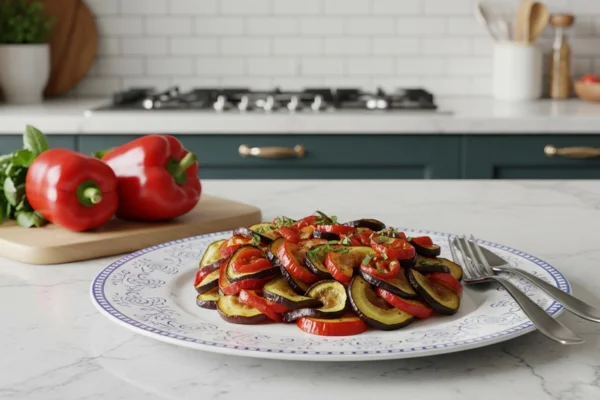 Ratatouille Confit Byaldi caseiro em prato branco, com rodelas de vegetais coloridos dispostas em espiral sobre bancada de cozinha de mármore claro e ervas frescas, fotografia realista.