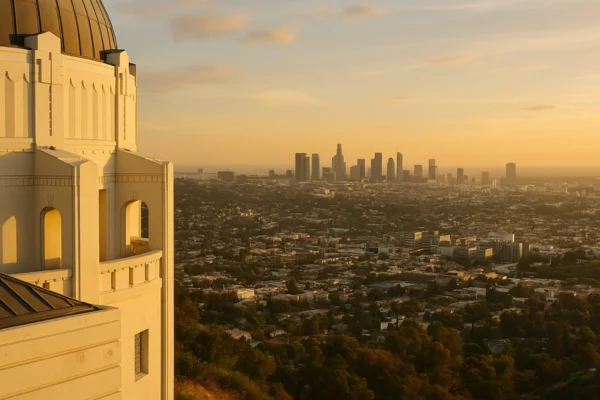 Observatório Griffith ao pôr do sol com vista de Los Angeles; cena clássica de LA no clima de La La Land.