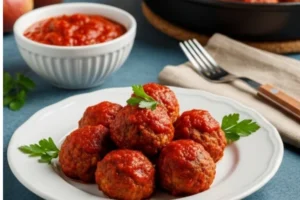 Prato de almôndegas caseiras em molho de tomate vermelho, servido em mesa rústica de madeira.