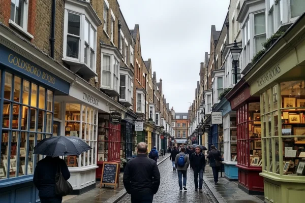 Rua Cecil Court em Londres com livrarias e pessoas caminhando.