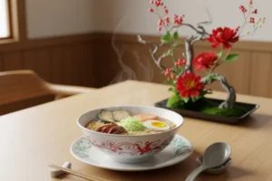 Tigela de ramen fumegante em mesa de jantar minimalista com arranjo floral Ikebana ao fundo.