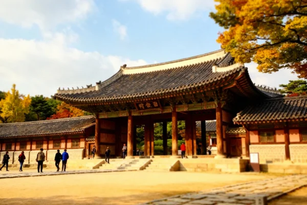 Palácio Changdeokgung em Seul, perspectiva de turista, pavilhão histórico e pátio com visitantes ao longe.