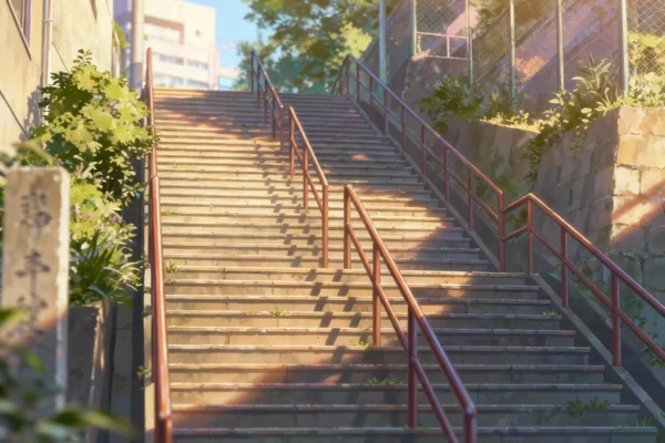 Escadaria próxima ao Santuário Suga (Sugada Jinja), em Yotsuya, Tóquio — cenário real do filme Your Name, ao entardecer.