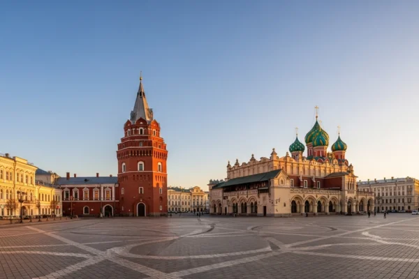 Praça Sennaya em São Petersburgo ao pôr do sol, com arquitetura histórica e iluminação dourada da golden hour, capturada com lente grande angular, evocando a atmosfera de 'Crime e Castigo' de Dostoiévski.