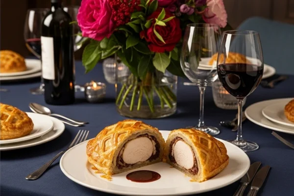 Prato de frango recheado em massa folhada com molho de vinho tinto, servido em mesa com arranjo floral