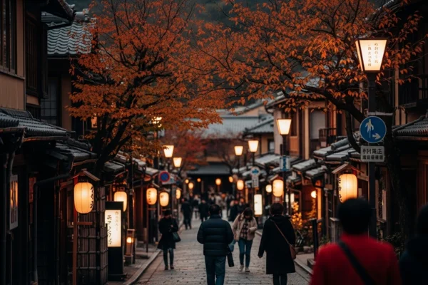 Gion em Quioto ao anoitecer no outono, lanternas acesas e transeuntes desfocados, atmosfera de Norwegian Wood de Haruki Murakami