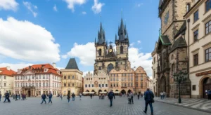 Praça da Cidade Velha em Praga em uma manhã de primavera, com pessoas caminhando e arquitetura histórica ao fundo.