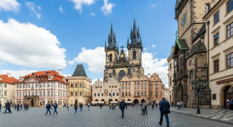 Praça da Cidade Velha em Praga em uma manhã de primavera, com pessoas caminhando e arquitetura histórica ao fundo.