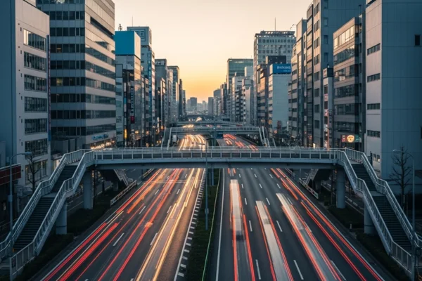 Vista aérea da Rodovia 4 em Shinjuku ao amanhecer, capturada de uma ponte de pedestres, mostrando o tráfego leve e os primeiros raios de sol iluminando os edifícios.