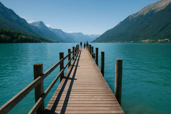 Píer de madeira em Iseltwald à beira do Lago Brienz, Suíça, com águas turquesas e montanhas dos Alpes ao fundo, local de filmagem de Crash Landing on You