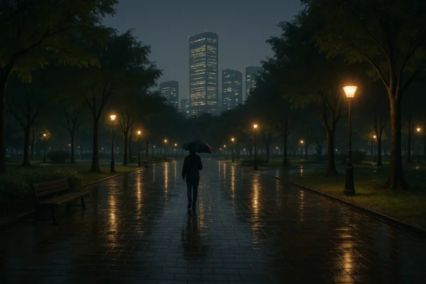 Cena noturna no Parque Yeouido, em Seul, com chuva fraca; caminhos molhados refletindo luzes urbanas ao fundo, foto amadora em formato paisagem.