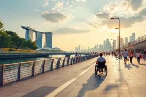 Calçadão turístico em Singapura com rampa e piso tátil ao entardecer; pessoas passando e ponte moderna ao fundo, acesso para cadeiras de rodas.