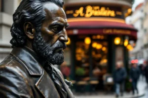 Estátua de Fernando Pessoa no Café A Brasileira, com a fachada art déco e a Rua Garrett desfocadas ao fundo, no Chiado, Lisboa.