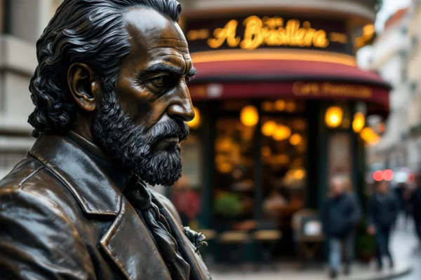 Estátua de Fernando Pessoa no Café A Brasileira, com a fachada art déco e a Rua Garrett desfocadas ao fundo, no Chiado, Lisboa.