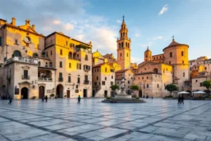Piazza San Pietro Caveoso ao amanhecer em Matera, luz dourada nas pedras e igrejas rupestres, vista grande angular.