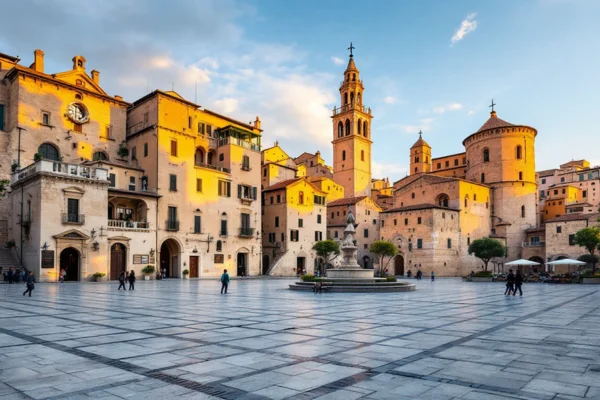 Piazza San Pietro Caveoso ao amanhecer em Matera, luz dourada nas pedras e igrejas rupestres, vista grande angular.