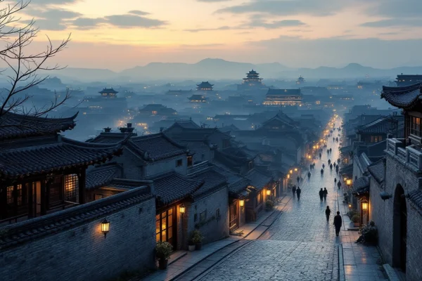 Cidade Antiga de Pingyao ao anoitecer, em Shanxi, com lanternas acesas, casas tradicionais e muralhas históricas ao fundo.